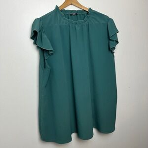BloomChic Women's Green Textured Mock Neck‎ Cap Sleeve Ruffle Trim Top US 22-24